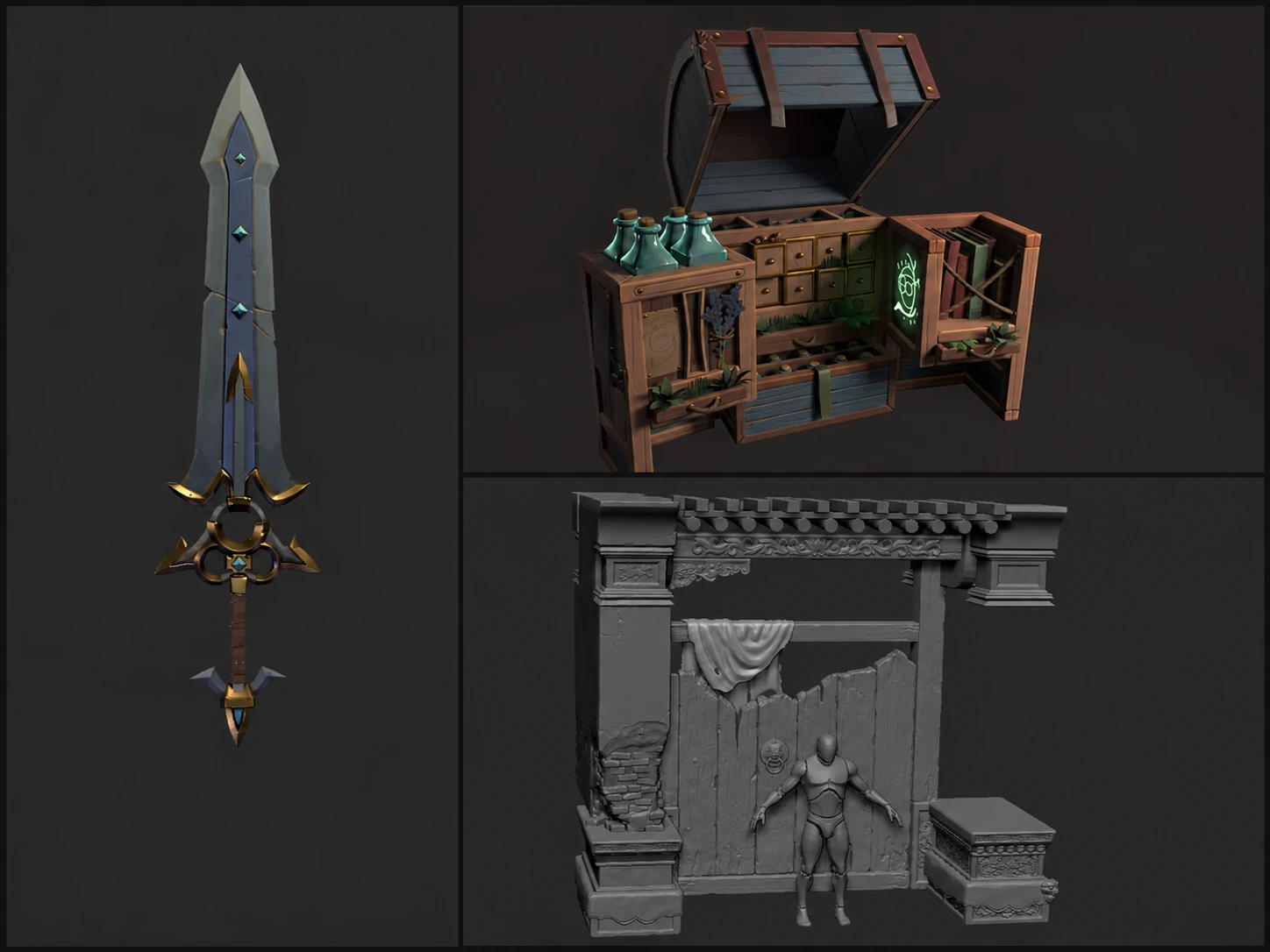 Collection of stylized 3D models including a sword, alchemy workbench, and architectural environment study