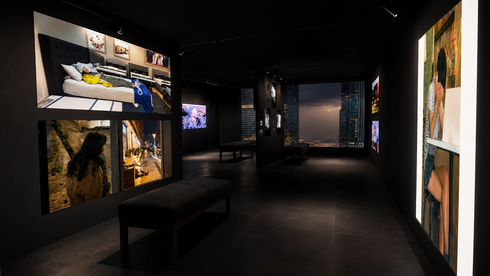 Dark virtual gallery interior displaying artworks from Surveillance Pleasure